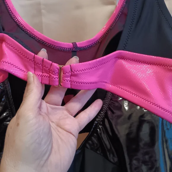 Pink and Black Pleather Cutout Swimsuit - Picture 5 of 6